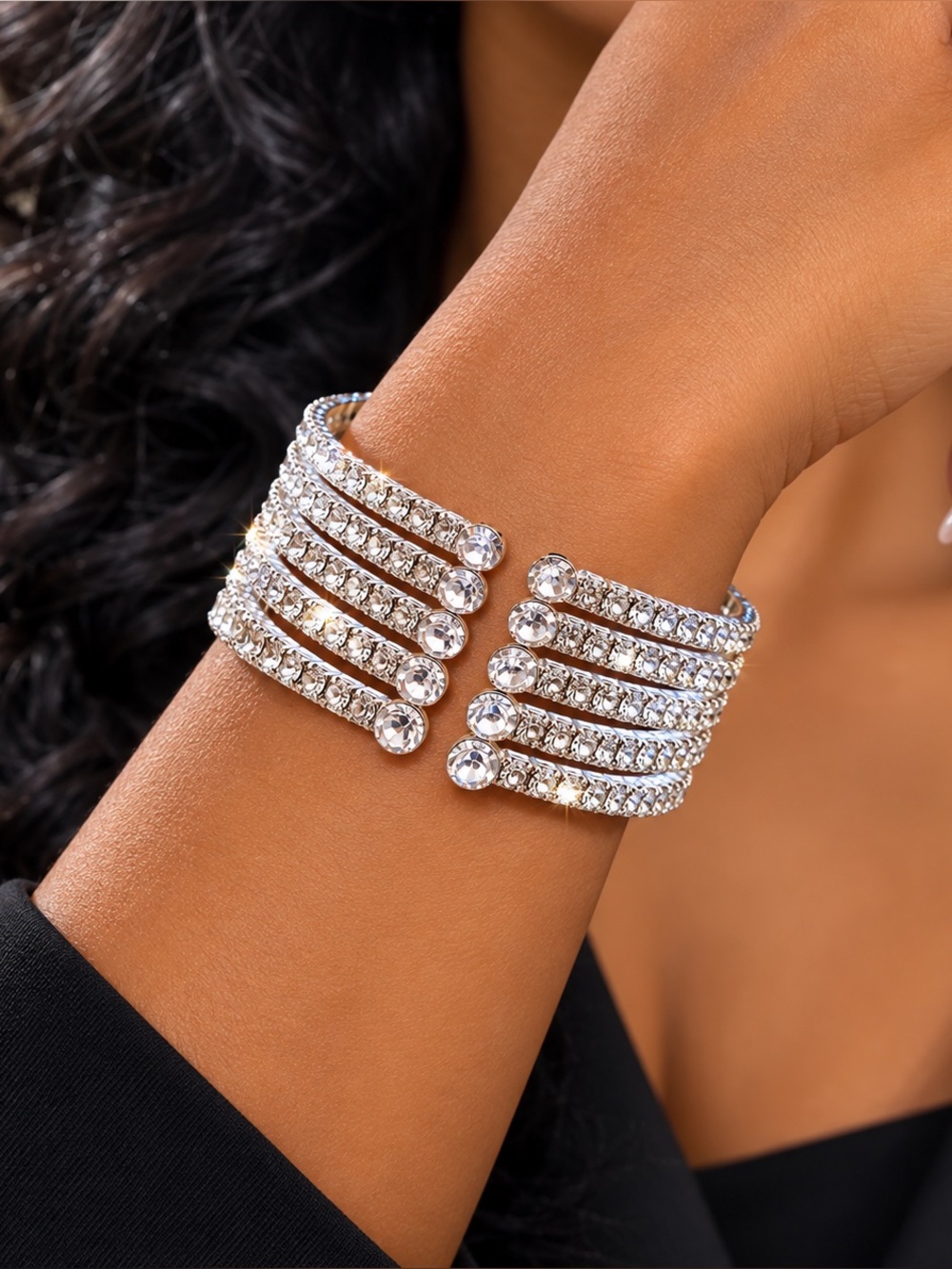 Multi Row Layered Crystal Rhinestone Cuff Bracelet For Women Bridal Bracelet Jew